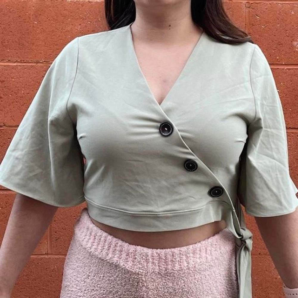 Sage Green Ribbed Wrap Crop Top w/ Asymmetrical Buttons |